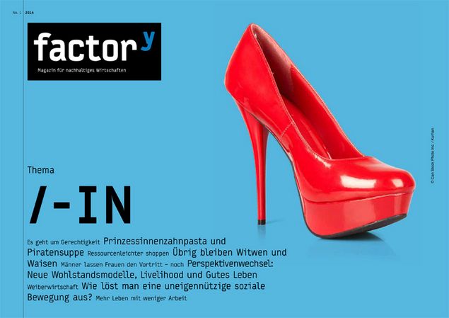 Titel des factor<sup>y</sup>-Magazins "Gender" bzw. "/-in" zeigt einen roten Highheel-Schuh auf blauem Hintergrund