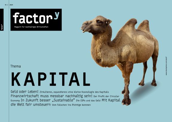 Das Titelbild des factor<sup>y</sup>-Magazins "Kapital" zeigt ein zweihöckriges Kamel, ein Dromedar