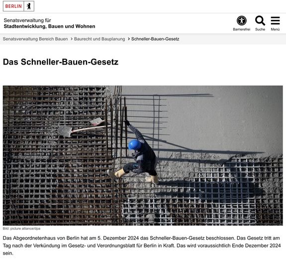 Der Screenshot der Website des Berliner Senats zeigt einen Bauarbeiter aus der Vogelperspektive beim Betonieren einer Geschossdecke